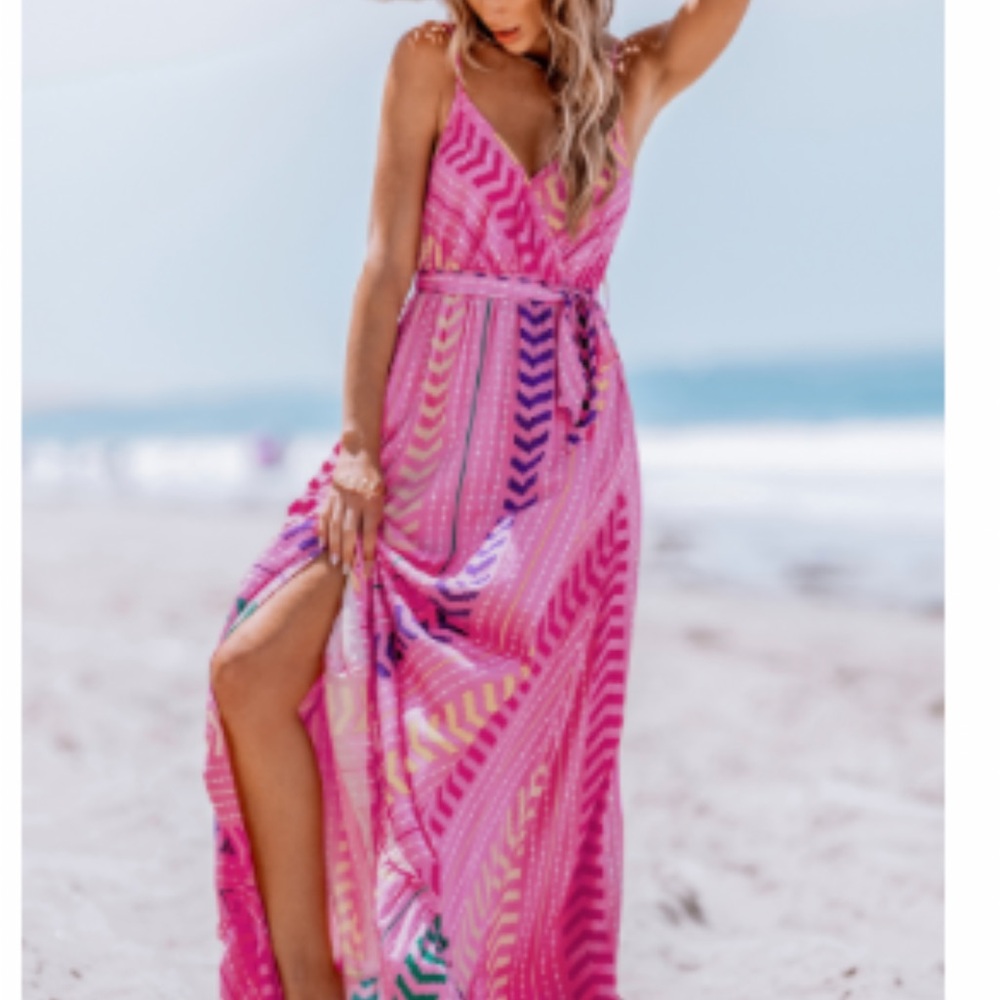 Cupshe Pink V neck Maxi Dress with Multicolor Patterns